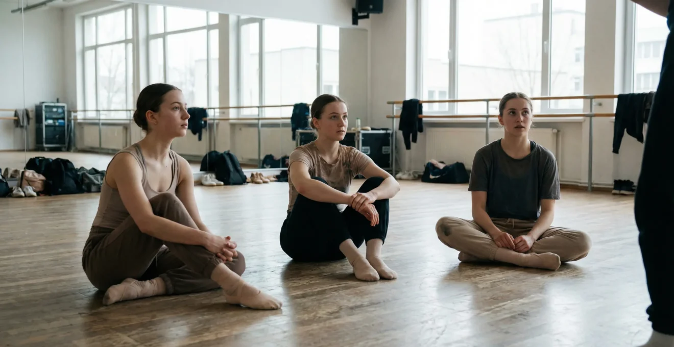 Groupe de danseurs écoutant un instructeur dans un studio professionnel