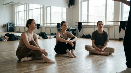 Groupe de danseurs écoutant un instructeur dans un studio professionnel