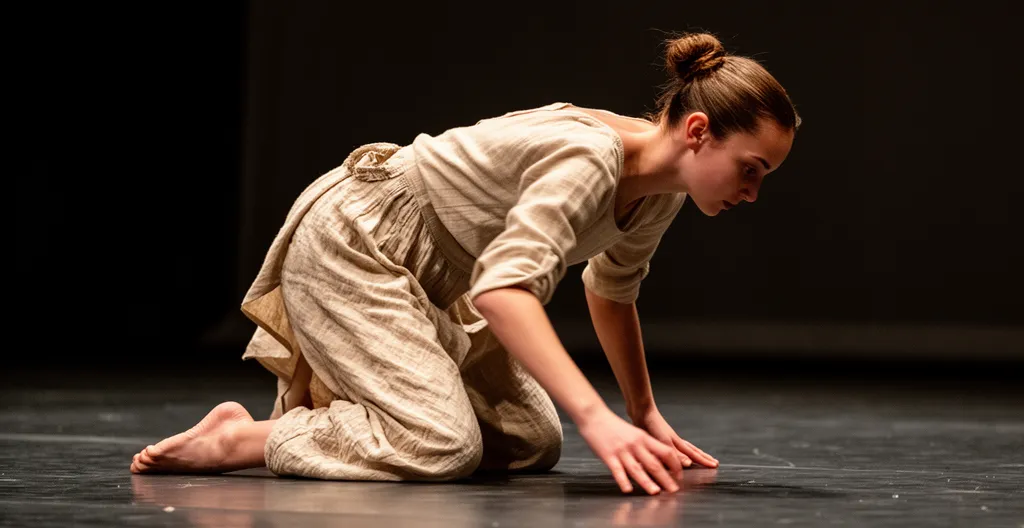 Danseuse pratiquant un mouvement contemporain au sol dans un studio lumineux